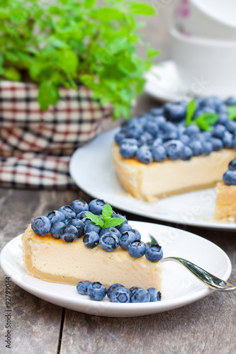 Cheesecake with blueberry and mint. Summer dessert