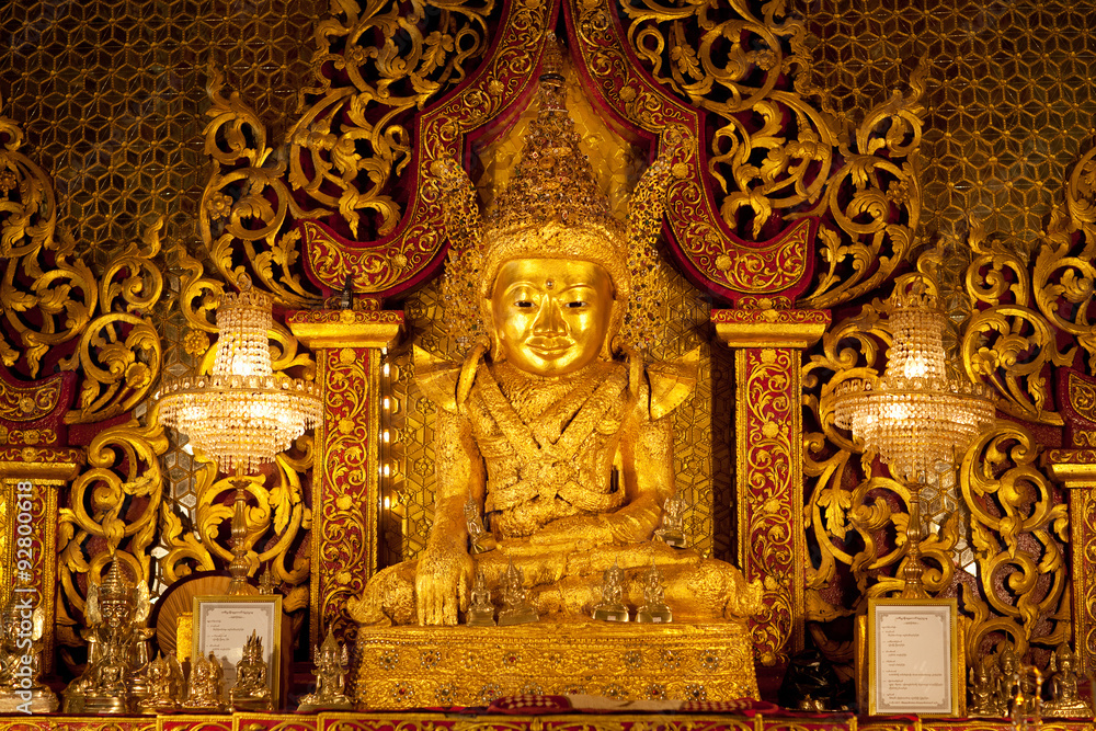 Golden statue of Buddha in Mrauk U Archaeological Zone, Myanmar