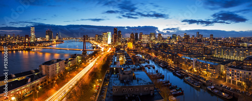 Beautiful aerial view of the skyline of Rotterdam, the Netherlands, at twilight photo