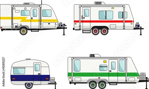 Set of travel trailer caravans on a white background in flat