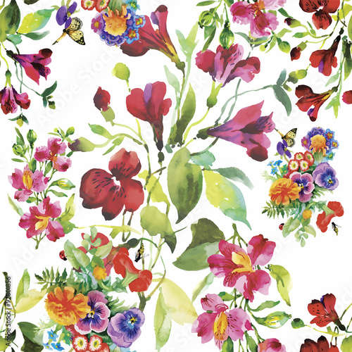 Fototapeta Naklejka Na Ścianę i Meble -  Seamless pattern with Beautiful flowers, Watercolor painting