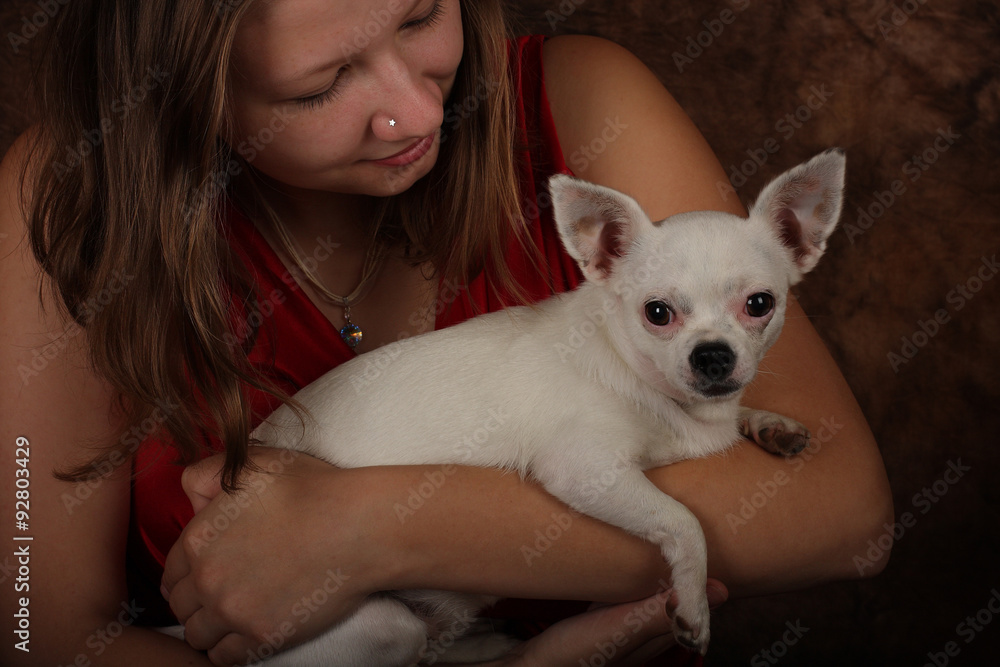 Portrait of young woman with white chihuahua Portrait of young woman with white chihuahua