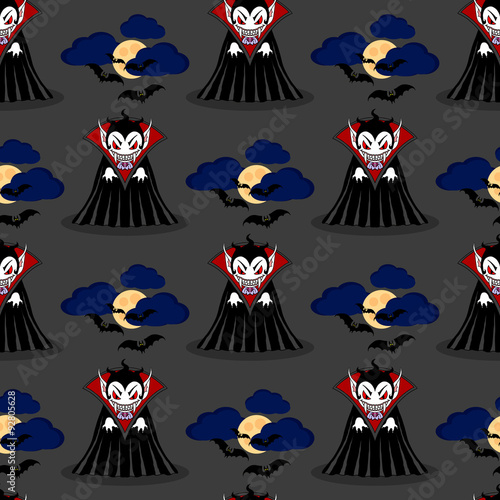 Vampire seamless pattern 3. Vampire man cartoon character in a predatory pose with flying bats in the sky