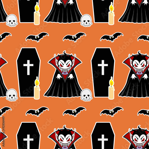 Vampire seamless pattern 4. Vampire man cartoon character in a predatory pose with coffin, flying bats, candle and skull