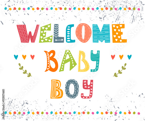 Welcome baby boy. Baby boy arrival postcard. Baby boy cute showe