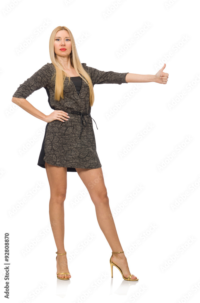 Woman in gray dress isolated on white Woman in gray dress isolated on white
