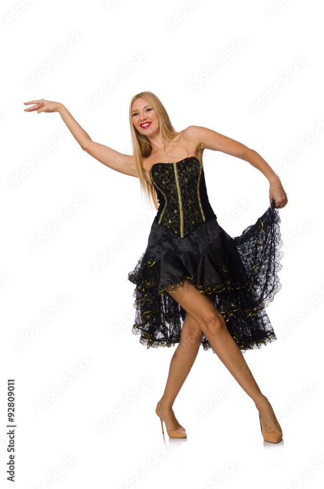 Blond hair girl in black evening dress isolated on white Blond hair girl in black evening dress isolated on white