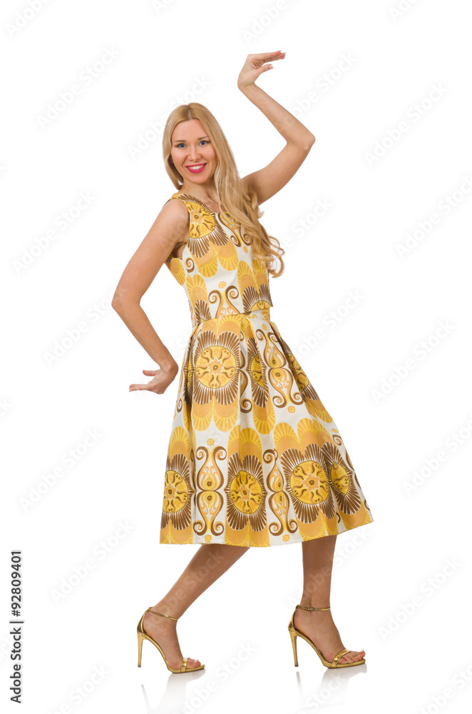 Young woman wearing long summer dress isolated on white