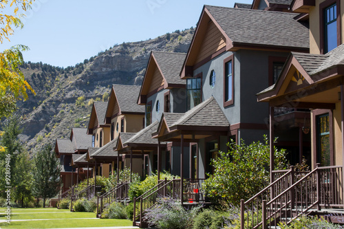 Line of condominiums in Durango, Colorado with Smelter Mountain behind photo