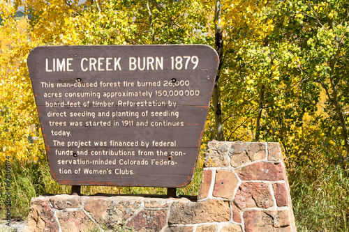 Roadside informational sign about the Lime Creek Burn of 1879