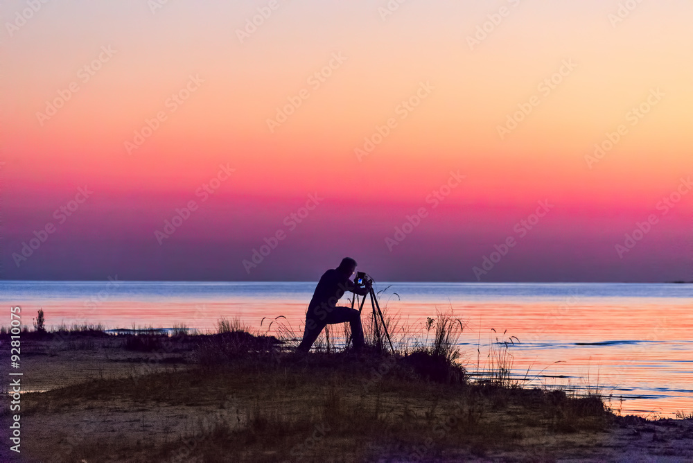 Sunset Photographer at Singing Sands Beach on Georgian Bay at Bruce Peninsula, Ontario
