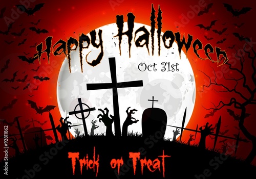Halloween grave on full moon  background  hand and bats