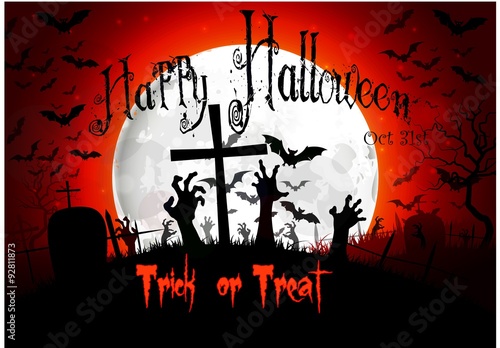 Halloween grave on full moon  background  hand and bats