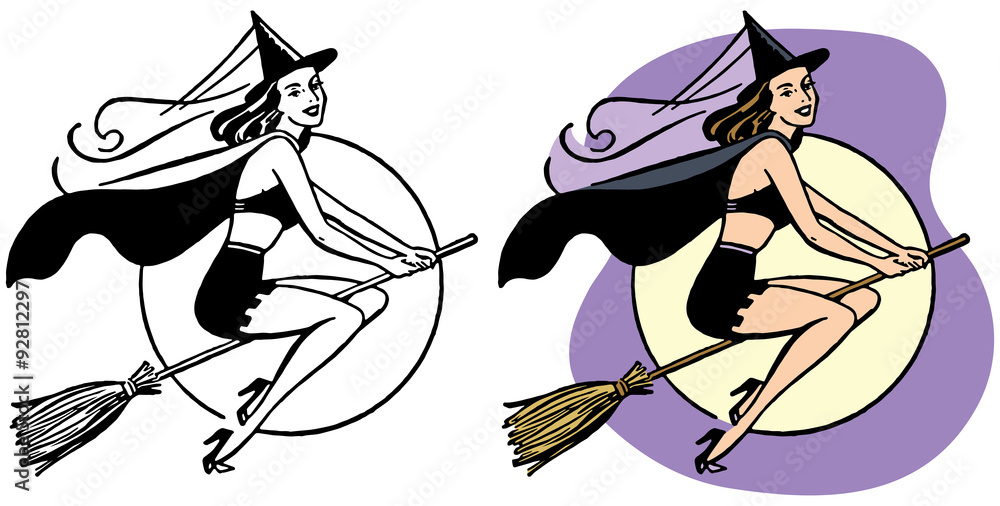 Fototapeta premium Sexy witch flying on broomstick