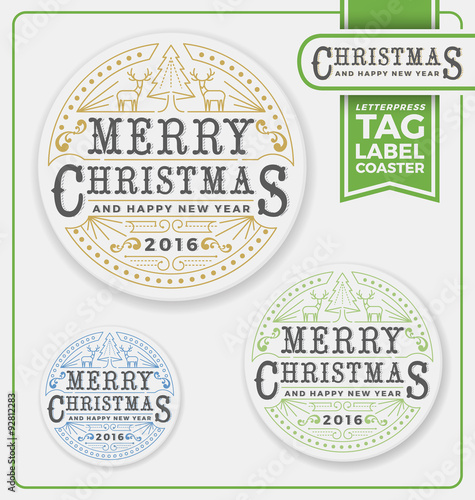 Merry Christmas Tags, Label, Coaster Letterpress Design. Letterpress frame design. Christmas tree and two reindeer. Expand and un-expand line vector illustration