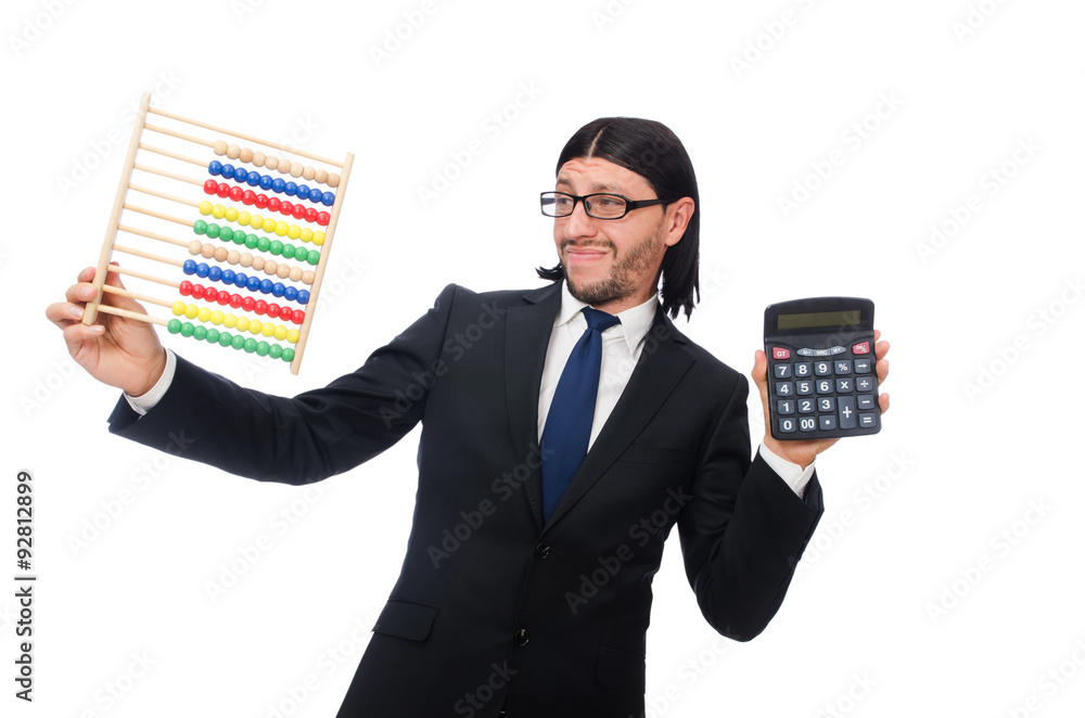 Funny man with calculator and abacus Funny man with calculator and abacus