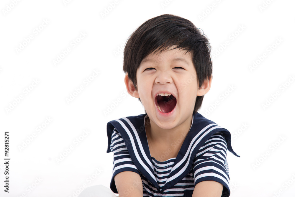 Happy asian boy sitting on white background Happy asian boy sitting on white background