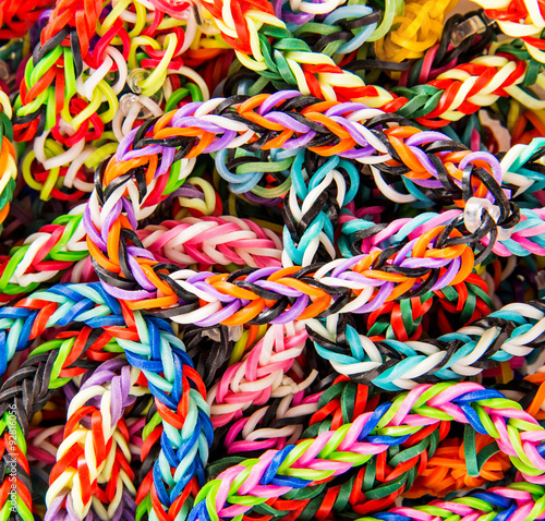 Colorful loom bracelets . Close up. Young fashion concept