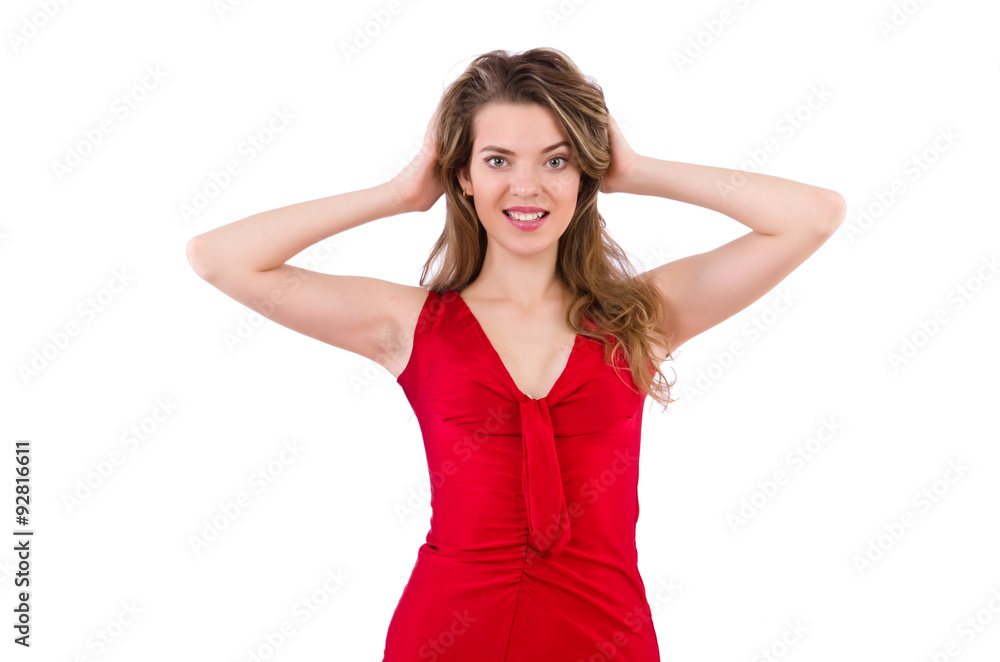 Young woman in red dress isolated on white Young woman in red dress isolated on white