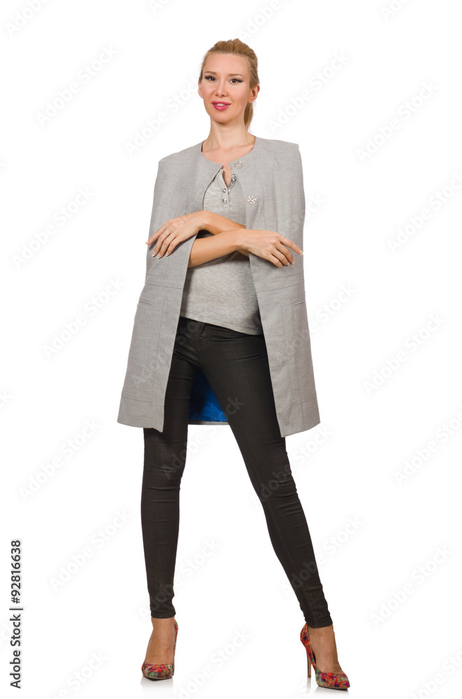 Pretty woman in gray blouse isolated on white Pretty woman in gray blouse isolated on white
