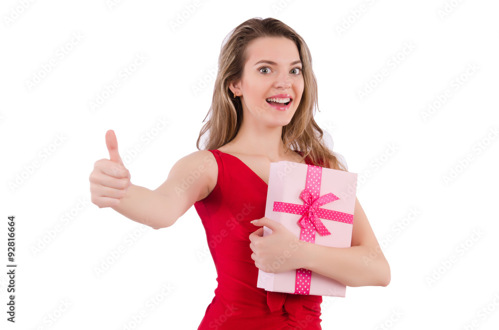 Pretty girl holding gift box isolated on white Pretty girl holding gift box isolated on white