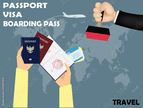 vector design of travel,visa stamping on passport with boarding pass on world map background.
