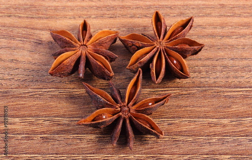 Star anise spice on wooden table