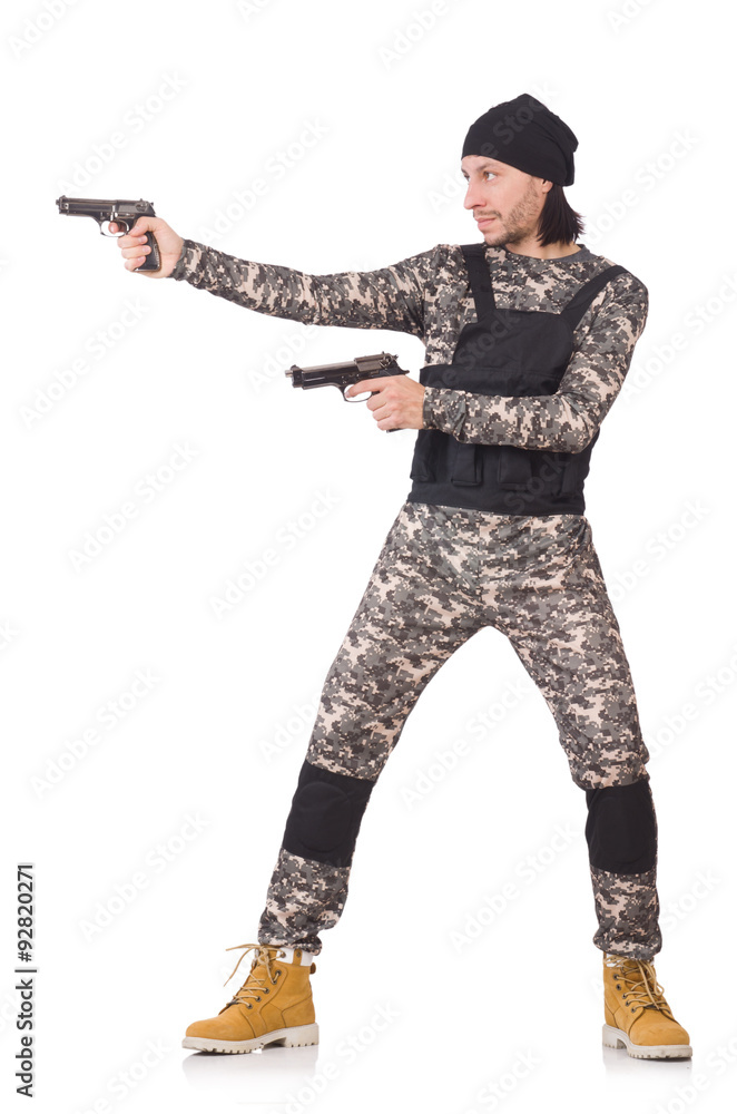 Caucasian soldier with handgun isolated on white Caucasian soldier with handgun isolated on white