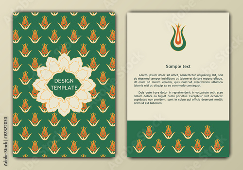 Flyer, brochure, booklet cover design templates in retro style on abstract backgrounds with arabian patterns. Can use for greeting cards, wedding invitations, retro parties and advertising.