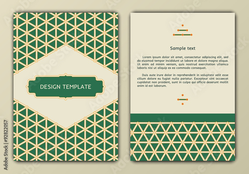 Flyer, brochure, booklet cover design templates in retro style on abstract backgrounds with arabian patterns. Can use for greeting cards, wedding invitations, retro parties and advertising.