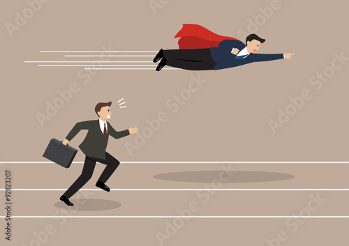Businessman superhero fly pass his competitor