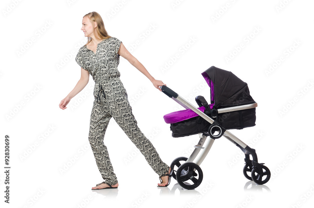 Happy mom with her baby in pram Happy mom with her baby in pram