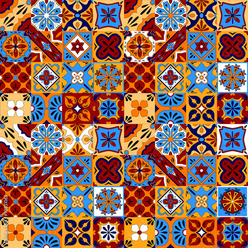 Mexican stylized talavera tiles seamless pattern in blue red and