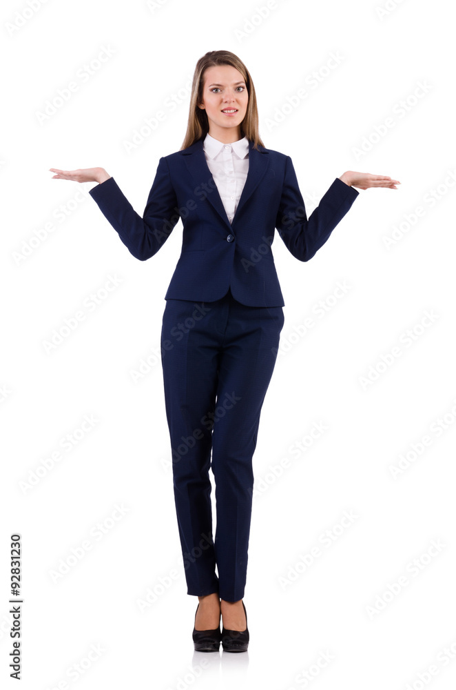 Businesswoman in blue suit isolated on white