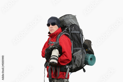 traveler photographer in a red jacket on a white background