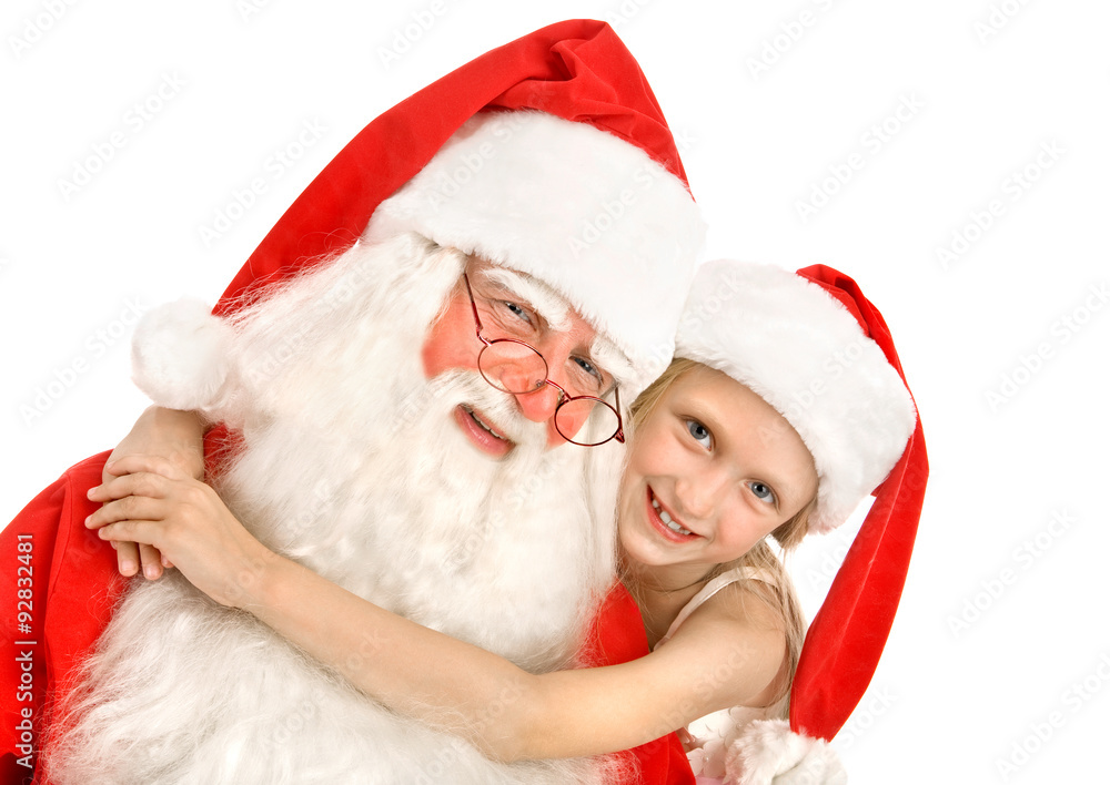 Рappy Little Girl Hugs Santa at the White Background Рappy Little Girl Hugs Santa at the White Background