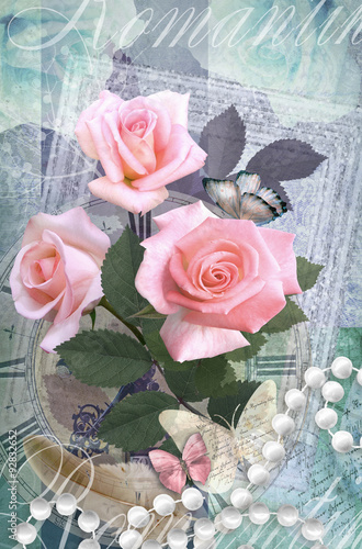 Postcard flower. Romantic beautiful congratulations card design with roses, butterflies and pearl necklace. Can be used as greeting card, invitation for wedding, birthday and other holiday happening.