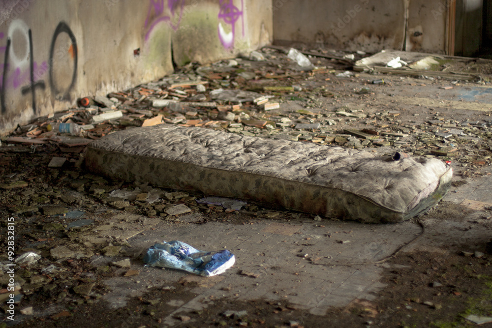 Mattress completely ruined by time and desolation foto de Stock Adobe Stock
