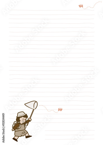 Cute girl playing catch butterfly on memo paper