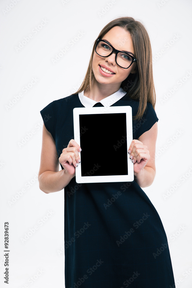 Happy woman showing tablet computer Happy woman showing tablet computer