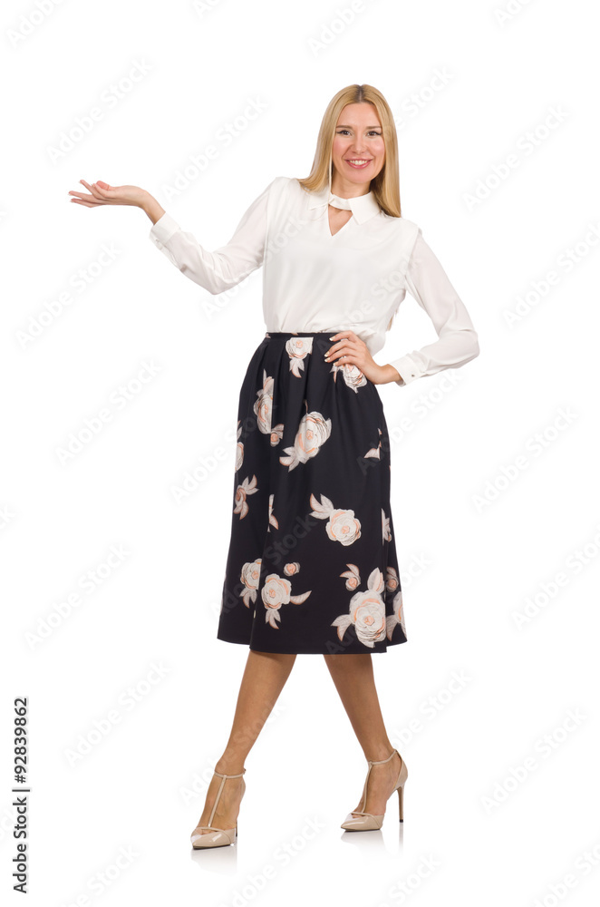 Pretty girl in black skirt with flowers isolated on white Pretty girl in black skirt with flowers isolated on white
