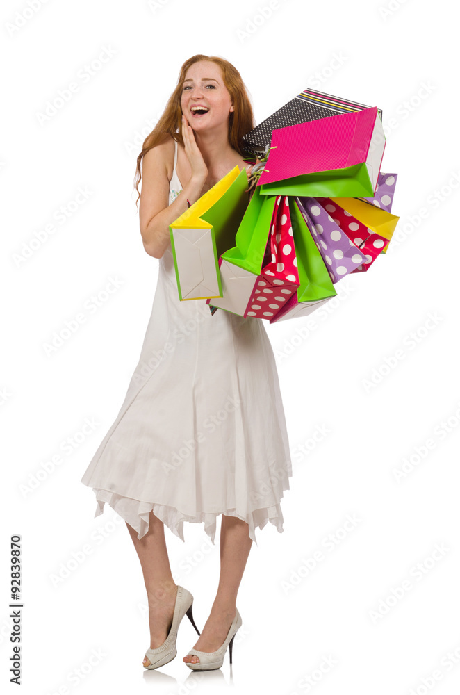 Woman with shopping bags isolated on white Woman with shopping bags isolated on white