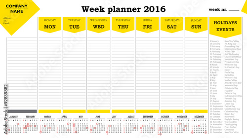 Week planner 2016 calendar for companies and private use. - holidays and events posted inside