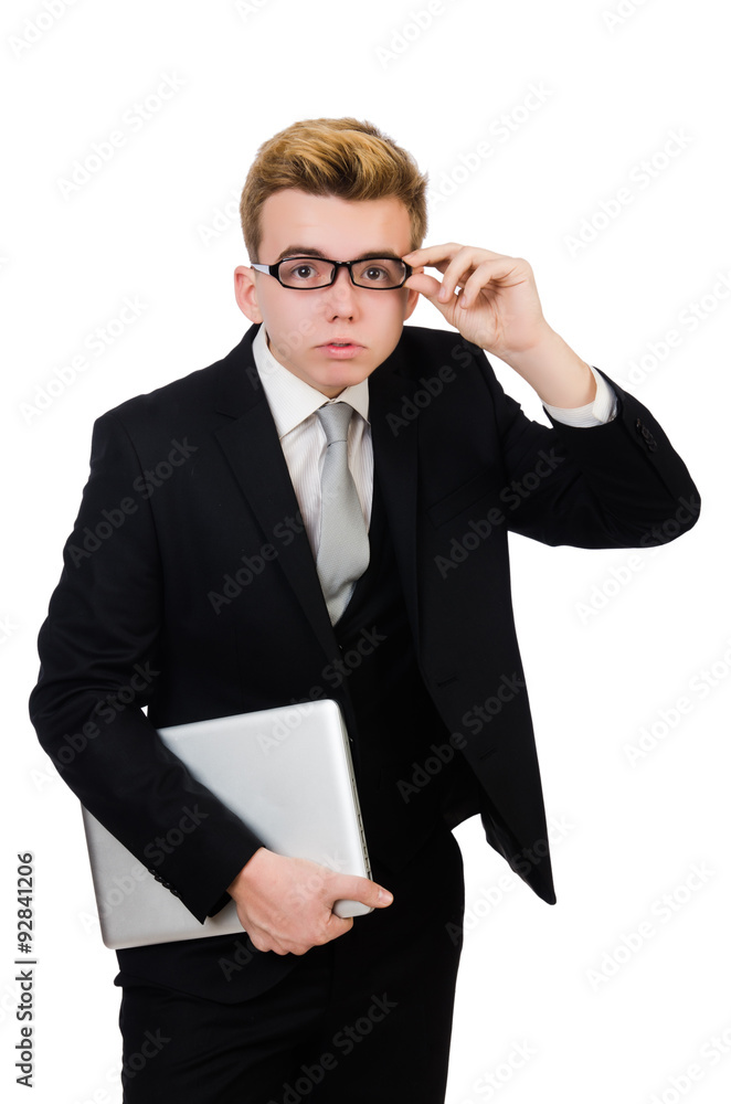 Young businessman with laptop isolated on white Young businessman with laptop isolated on white