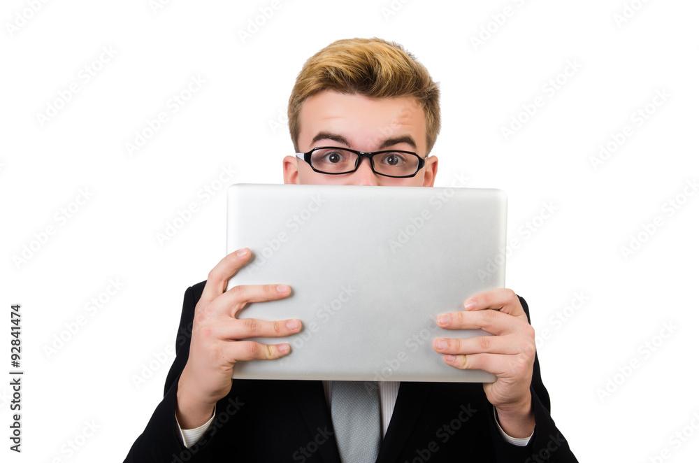 Young businessman with laptop isolated on white