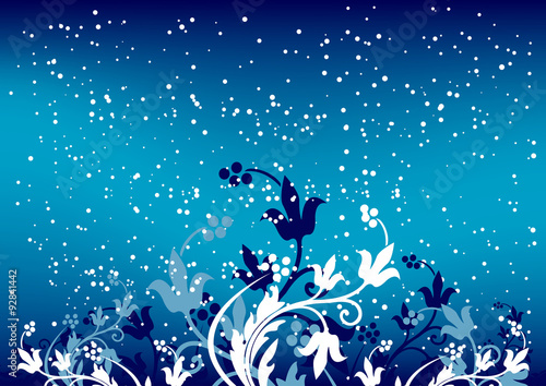 Abstract winterbackground with flakes and flowers in blue color photo