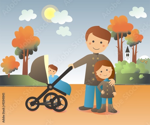 Papá con sus hijos de paseo por el parque en un día de otoño