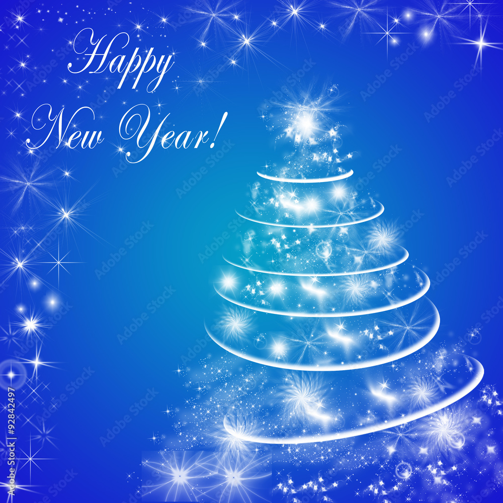 Blue and white Happy New Year greeting card with Christmas tree, shiny stars and decorations. Blue and white Happy New Year greeting card with Christmas tree, shiny stars and decorations.