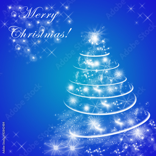 Blue and white Merry Christmas greeting card with Christmas tree, shiny stars and lights.