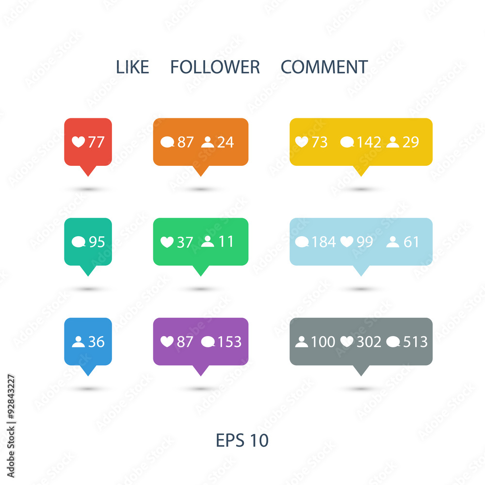 Like, follower, comment icons on white background. Vector illustration. Like, follower, comment icons on white background. Vector illustration.